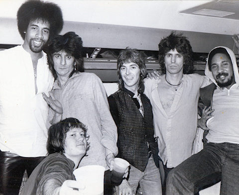 The New Barbarians (l-r, Stanley, Bobby Keys, Ron Wood, Ian Mclagan, Keith Richards, Ziggy Modeliste)